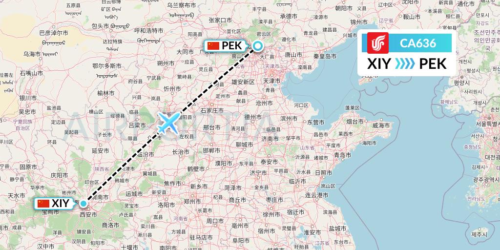 CA636 Air China Flight Map: Xi'an to Beijing