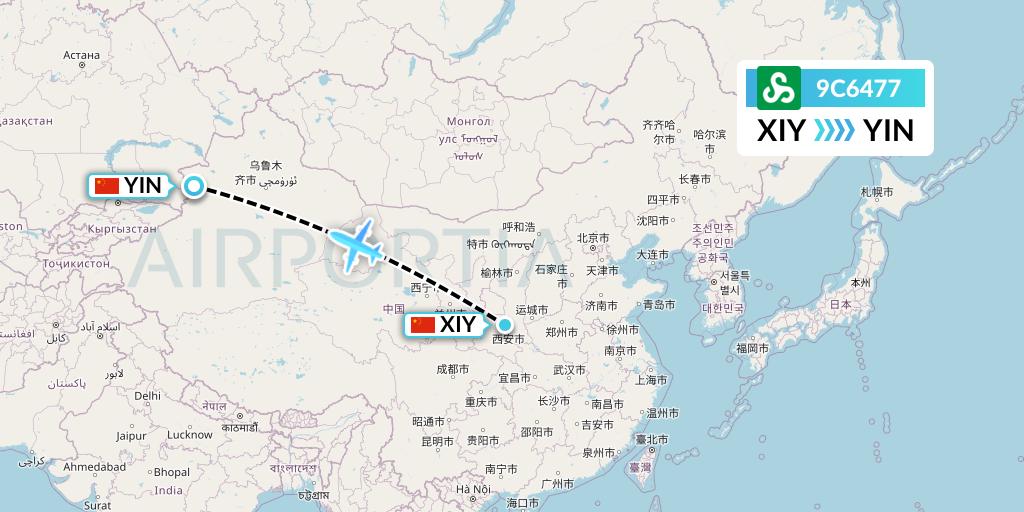 9C6477 Spring Airlines Flight Map: Xi'an to Yining