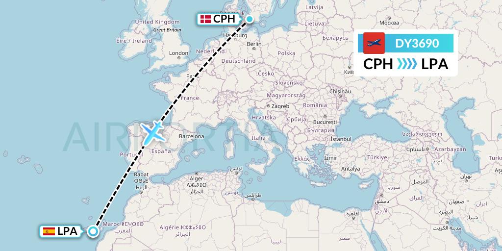 DY3690 Norwegian Flight Map: Copenhagen to Las Palmas