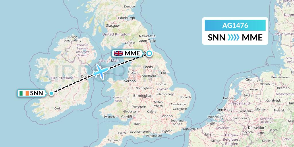 AG1476 Aruba Airlines Flight Map: Shannon to Darlington