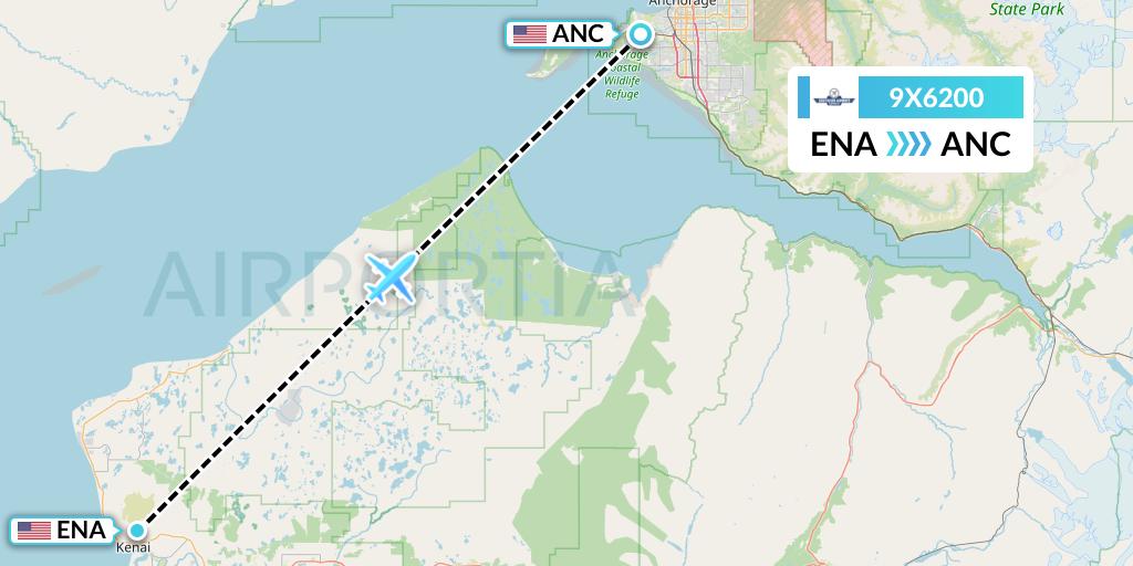 9X6200 Southern Airways Express Flight Map: Kenai to Anchorage