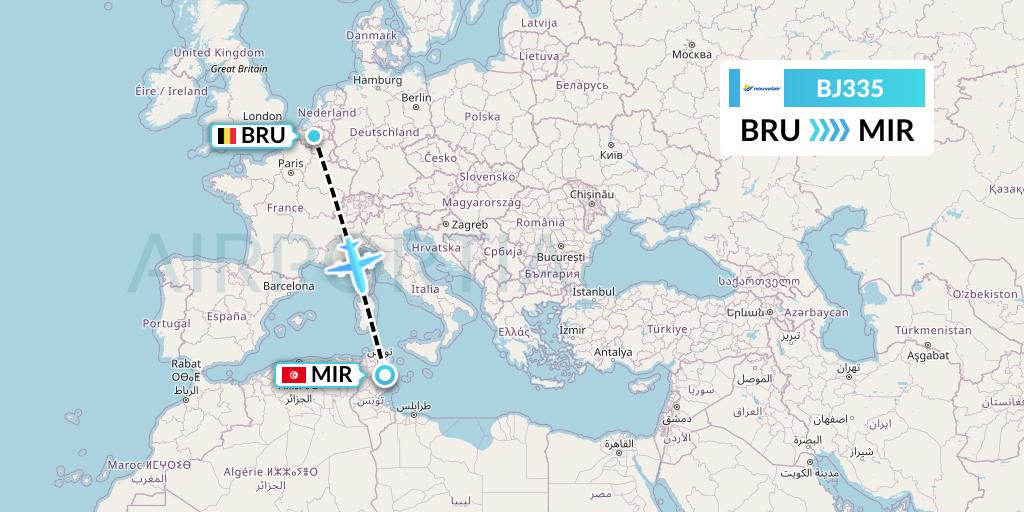 BJ335 Nouvelair Tunisie Flight Map: Brussels to Monastir
