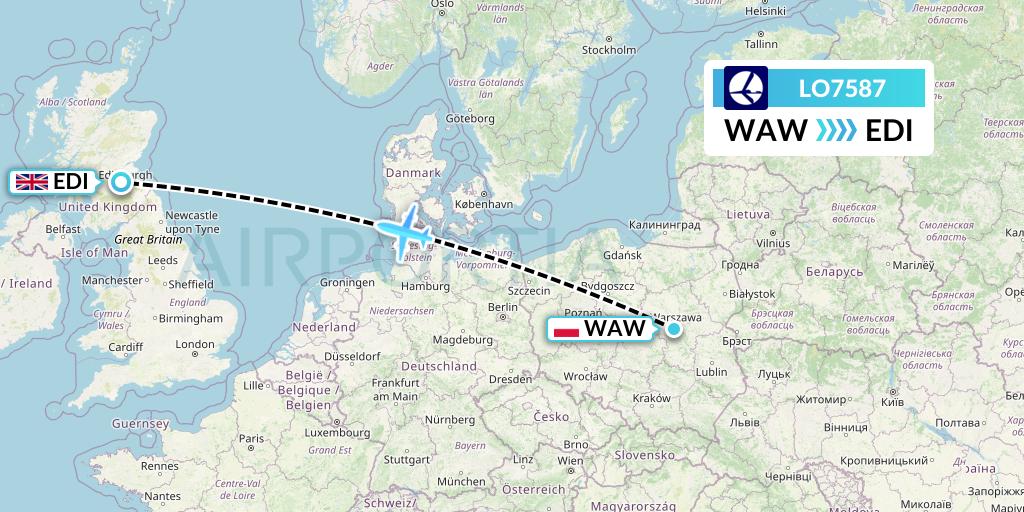LO7587 LOT Flight Map: Warsaw to Edinburgh