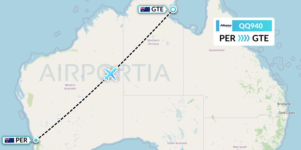QQ940 Alliance Airlines Flight Map: Perth to Groote Eylandt