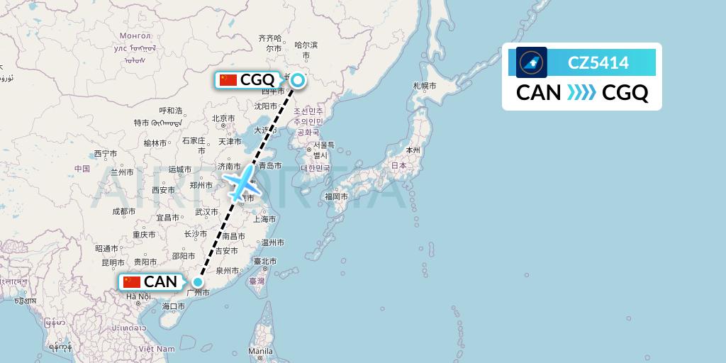 CZ5414 China Southern Airlines Flight Map: Guangzhou to Changchun