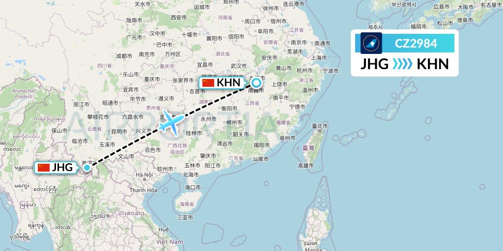 CZ2984 China Southern Airlines Flight Map: Jinghong to Nanchang