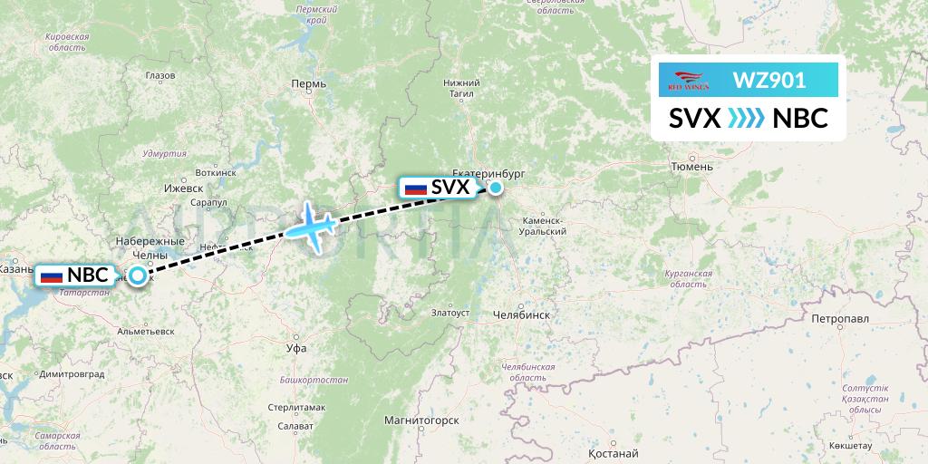 WZ901 Red Wings Flight Map: Yekaterinburg to Naberezhnye Chelny