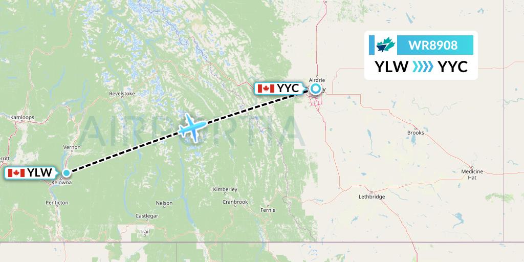 WR8908 WestJet Encore Flight Map: Kelowna to Calgary