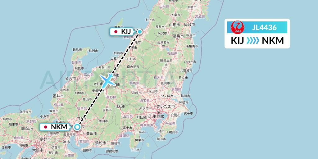 JL4436 Japan Airlines Flight Map: Niigata to Nagoya
