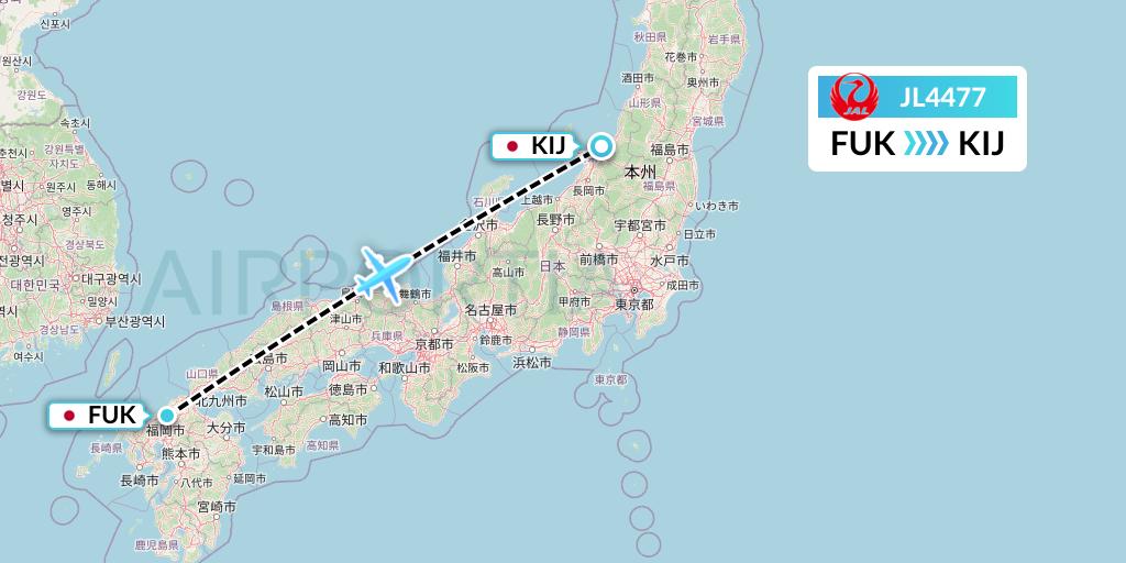 JL4477 Japan Airlines Flight Map: Fukuoka to Niigata