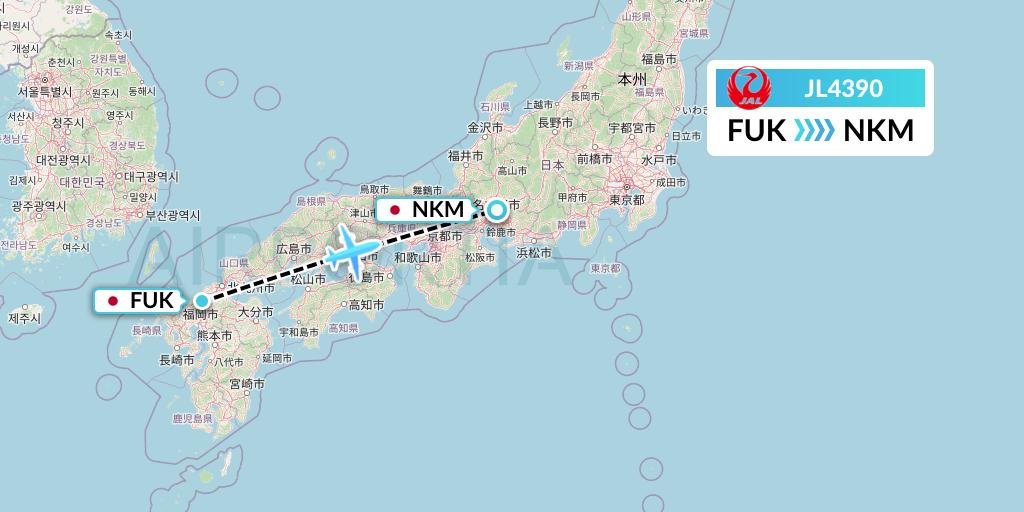 JL4390 Japan Airlines Flight Map: Fukuoka to Nagoya