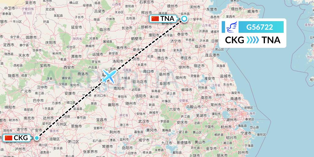 G56722 China Express Airlines Flight Map: Chongqing to Jinan