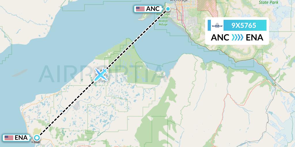 9X5765 Southern Airways Express Flight Map: Anchorage to Kenai