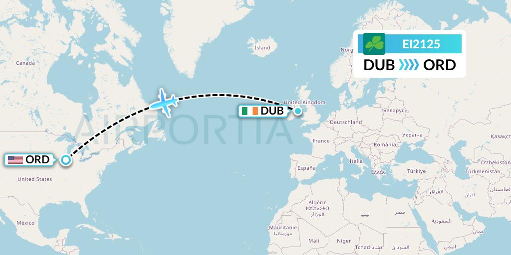 EI2125 Aer Lingus Flight Map: Dublin to Chicago