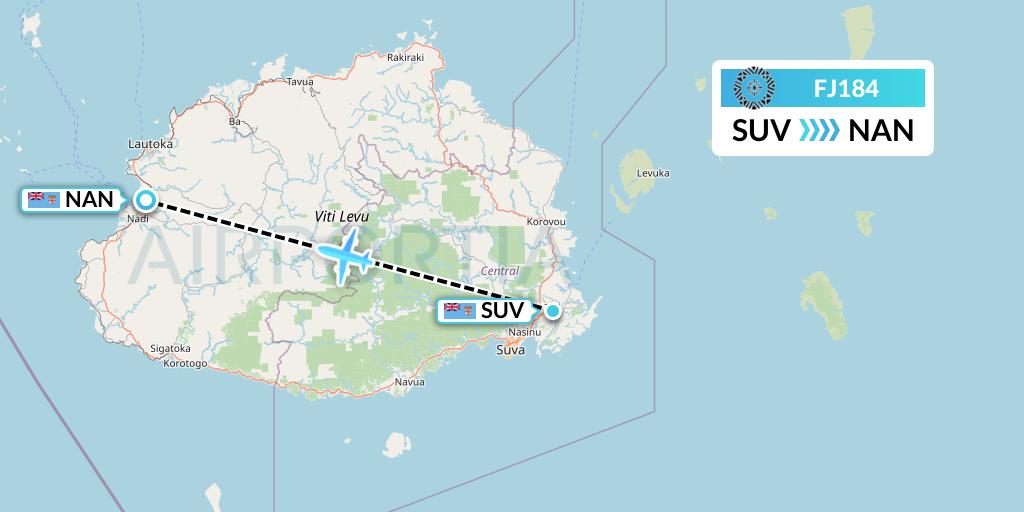 FJ184 Fiji Airways Flight Map: Suva to Nadi