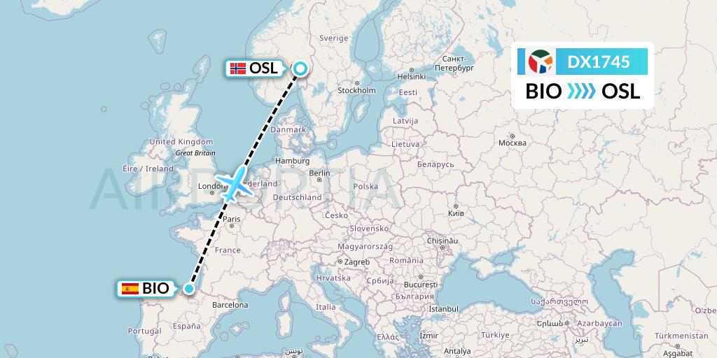 DX1745 Danish Air Transport Flight Map: Bilbao to Oslo