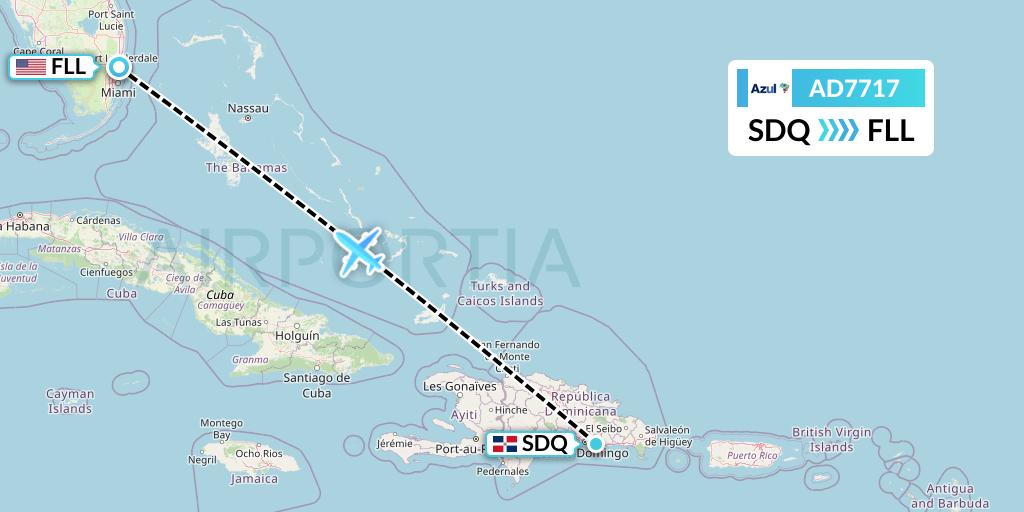 AD7717 Azul Brazilian Airlines Flight Map: Santo Domingo to Fort Lauderdale