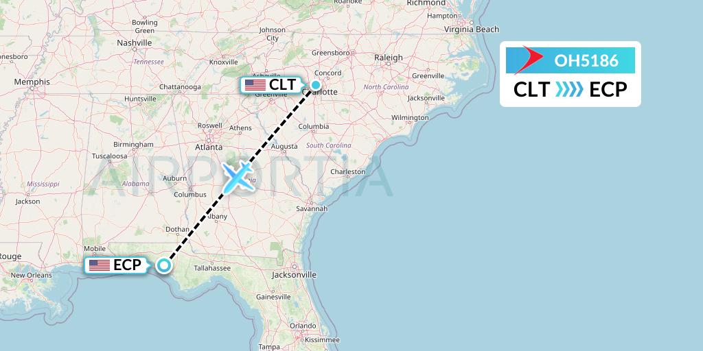 OH5186 PSA Airlines Flight Map: Charlotte to Panama City