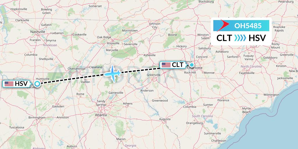 OH5485 PSA Airlines Flight Map: Charlotte to Huntsville