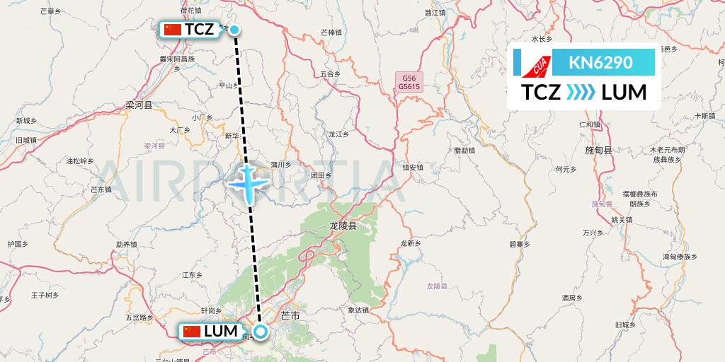 KN6290 China United Airlines Flight Map: Tengchong to Mangshi