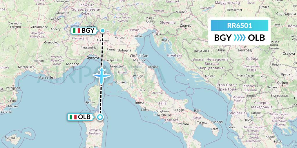 RR6501 Royal Air Force Flight Map: Milan to Olbia