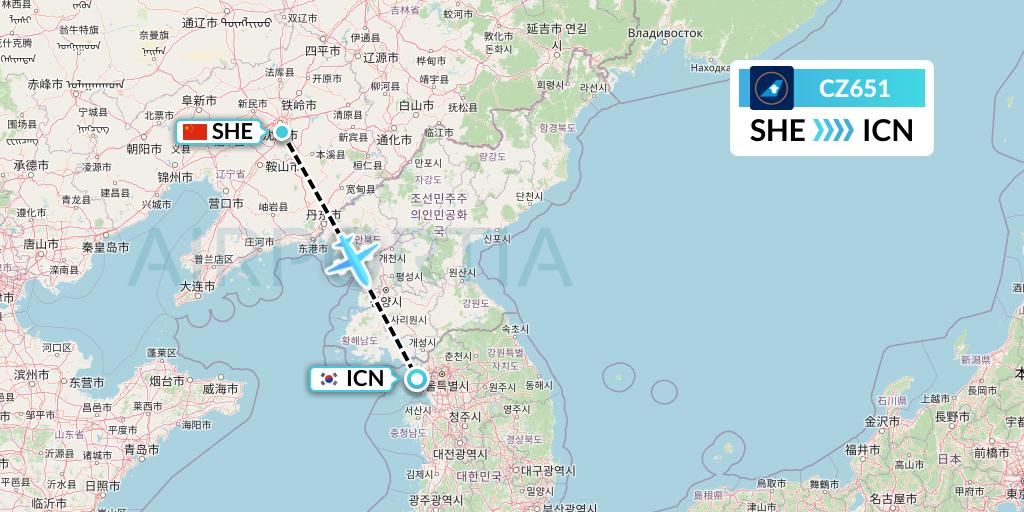 CZ651 China Southern Airlines Flight Map: Shenyang to Seoul