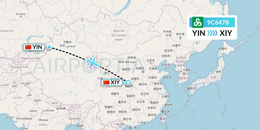 9C6478 Spring Airlines Flight Map: Yining to Xi'an