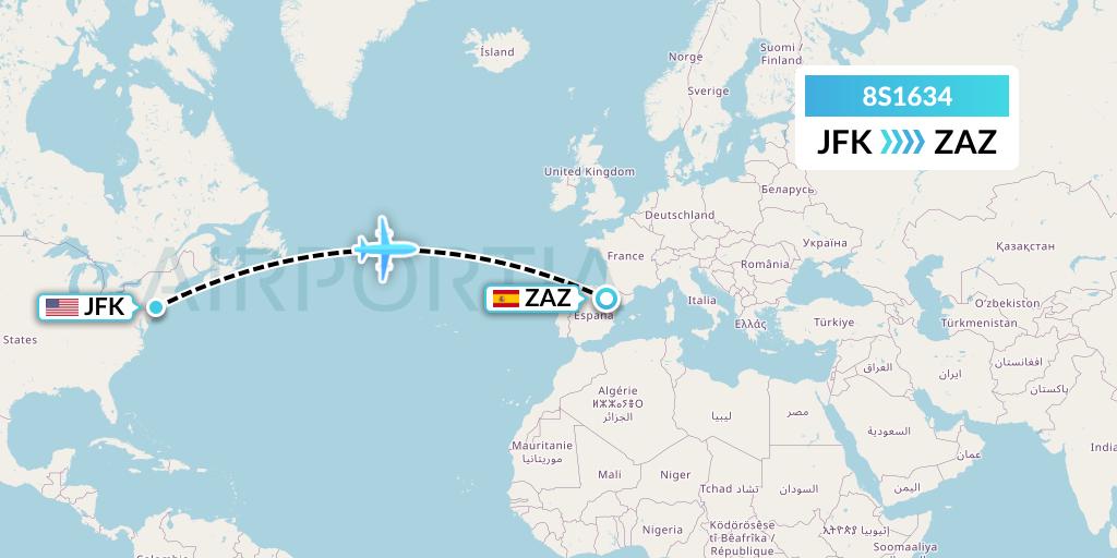 8S1634 Shun Tak-China Travel Ship Mgmt. Ltd. Flight Map: New York to Zaragoza
