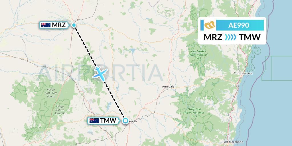 AE990 Mandarin Airlines Flight Map: Moree to Tamworth