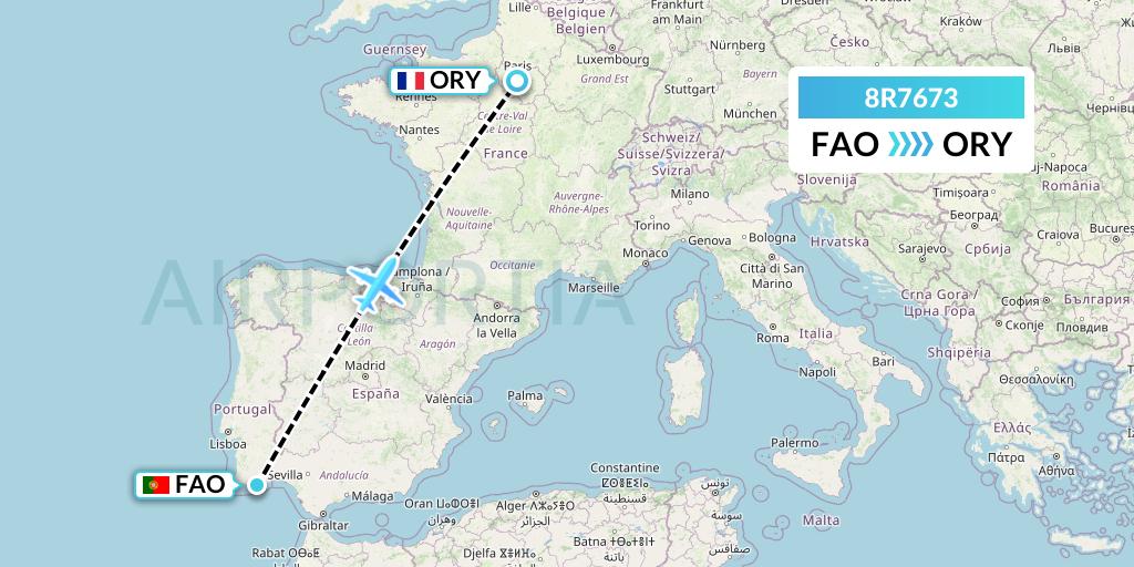8R7673 Amelia Flight Map: Faro to Paris