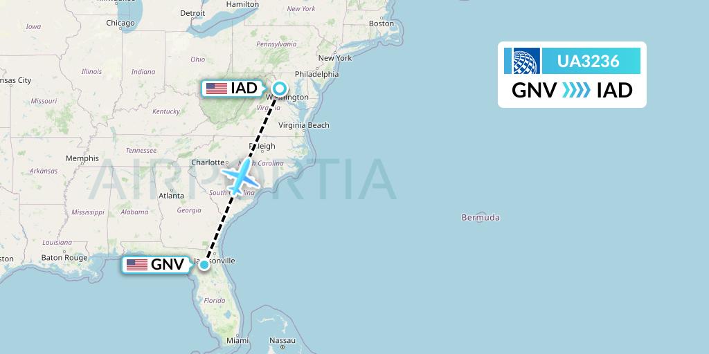 UA3236 United Airlines Flight Map: Gainesville to Washington