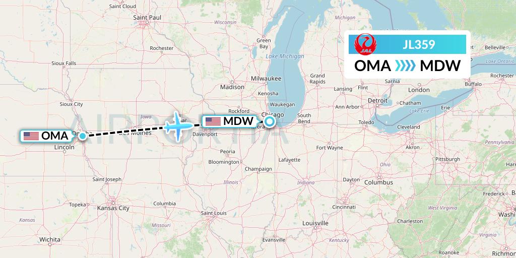 JL359 Japan Airlines Flight Map: Omaha to Chicago