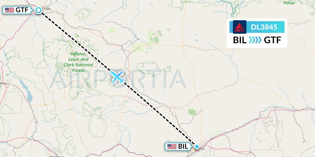 DL3845 Delta Air Lines Flight Map: Billings to Great Falls