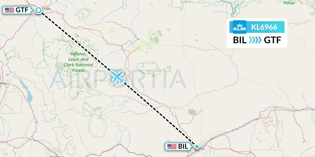 KL6966 KLM Flight Map: Billings to Great Falls