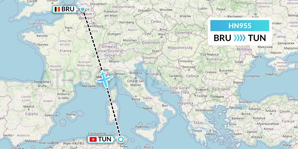 HN955 Uab Heston Airlines Jsc Heston Airl Flight Map: Brussels to Tunis