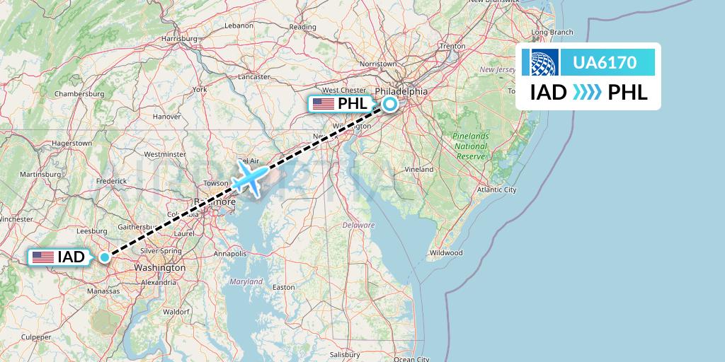 UA6170 United Airlines Flight Map: Washington to Philadelphia