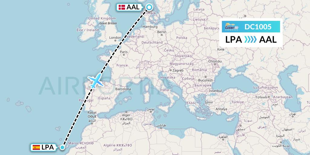 DC1005 Braathens Regional Flight Map: Las Palmas to Aalborg