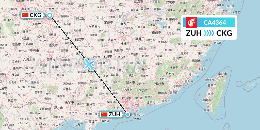 CA4364 Air China Flight Map: Zhuhai to Chongqing