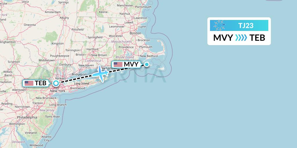 TJ23 Tradewind Aviation Flight Map: Martha's Vineyard to Teterboro