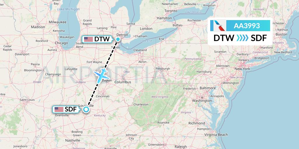 AA3993 American Airlines Flight Map: Detroit to Louisville