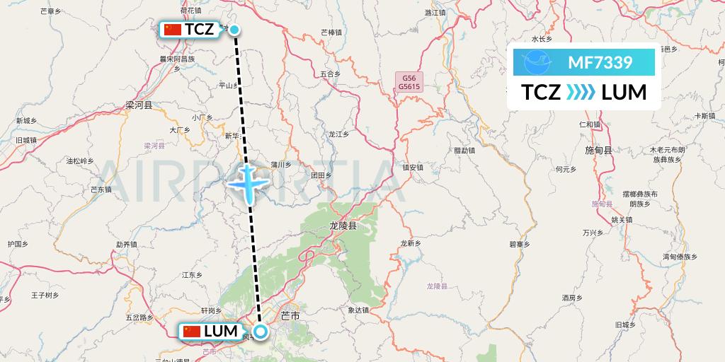 MF7339 Xiamen Airlines Flight Map: Tengchong to Mangshi