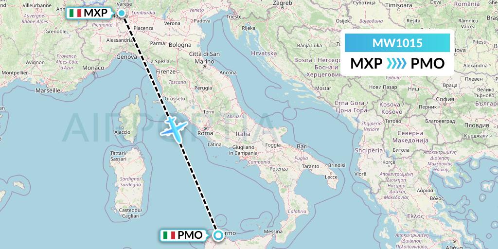 MW1015 Mokulele Flight Service Flight Map: Milan to Palermo