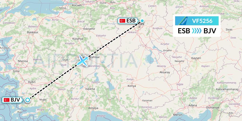 VF5256 ValuAir Flight Map: Ankara to Bodrum