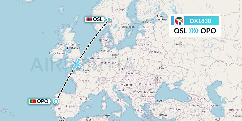 DX1830 Danish Air Transport Flight Map: Oslo to Porto