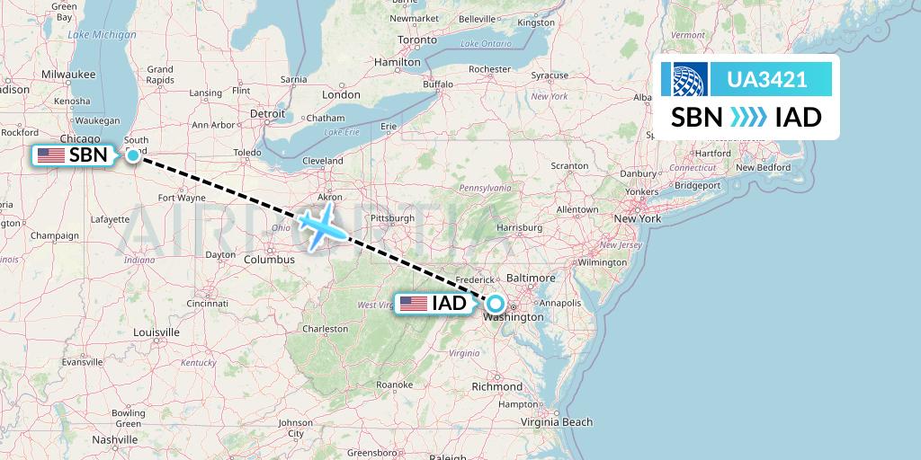 UA3421 United Airlines Flight Map: South Bend to Washington