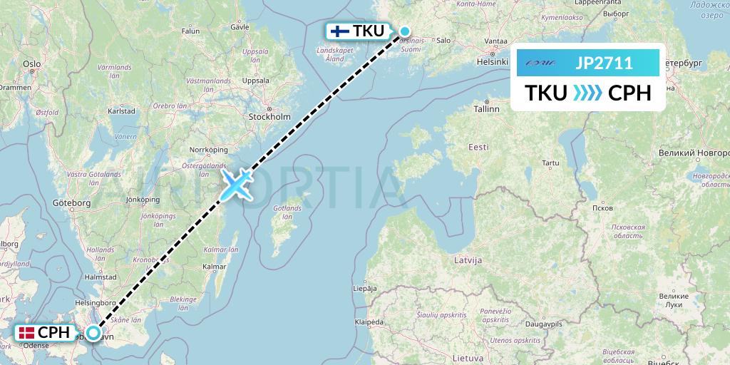 JP2711 Adria Airways Flight Map: Turku to Copenhagen