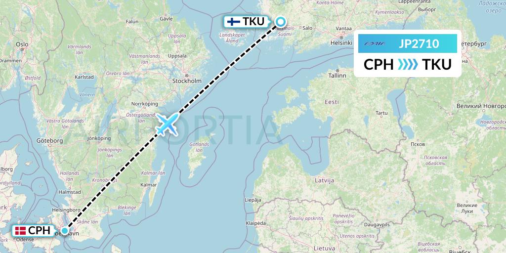 JP2710 Adria Airways Flight Map: Copenhagen to Turku