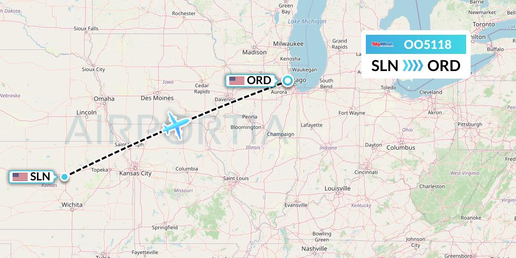 OO5118 SkyWest Airlines Flight Map: Salina to Chicago