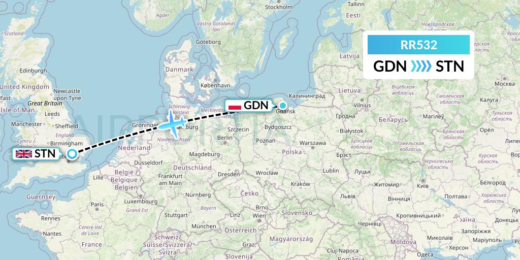 RR532 Royal Air Force Flight Map: Gdansk to London