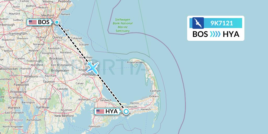 9K7121 Cape Air Flight Map: Boston to Hyannis